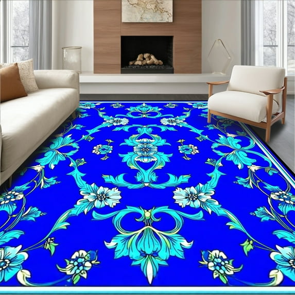 ODIKA 2'x3' Machine Washable Non-Slip Area Rug, Elegant Scrollwork Design with Curved Interlocking Floral High Traffic Rug, Blue, 255485