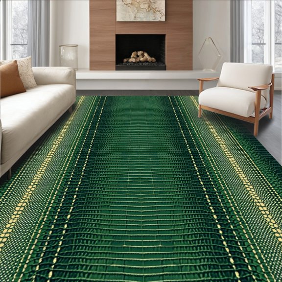 ODIKA 3'x5' Machine Washable Non-Slip Area Rug, Elegant Snake Dark Green Reptile Skin High Traffic Rug, Green, 102190
