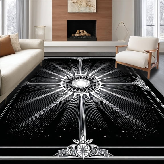 ODIKA 4'x6' Machine Washable Non-Slip Area Rug, Elegant Starburst Medallion Decorative Indoor Accent Textile High Traffic Rug, White, 127287