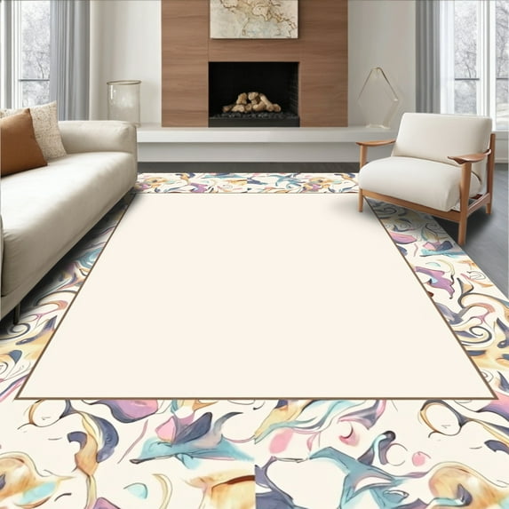 ODIKA 5'x7' Machine Washable Non-Slip Area Rug, Elegant Swirl with Subtle Earthy Tones and Fluid Motifs High Traffic Rug, Beige, 393908