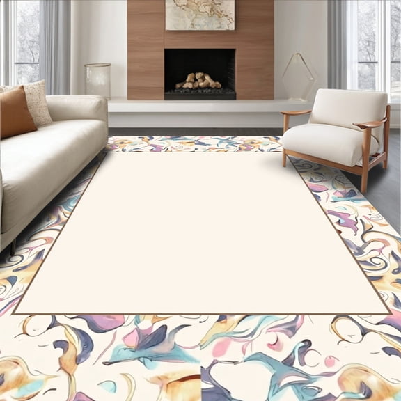 ODIKA 2'x3' Machine Washable Non-Slip Area Rug, Elegant Swirl with Subtle Earthy Tones and Fluid Motifs High Traffic Rug, Beige, 393908