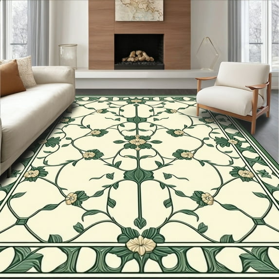 ODIKA 4'x6' Machine Washable Non-Slip Area Rug, Elegant Trellis Interwoven Floral Vines High Traffic Rug, Green, 231242