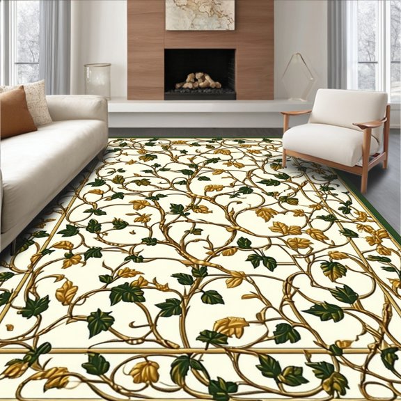 Flatwoven High Traffic Area Rug, Elegant Vine Scroll Runner with Intertwined Leaf Motifs and Flowing Curves, Non Slip, Stain Resistant, Washable Area Rugs for Living Room, Bedroom(Green, 2X3)