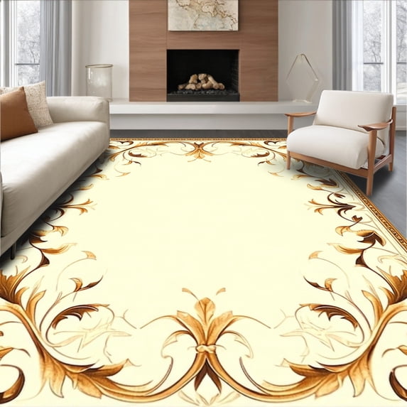 Flatwoven High Traffic Area Rug, Elegant Vintage Inspired Baroque Swirl and Leaf, Non Slip, Stain Resistant, Washable Area Rugs for Living Room, Bedroom(Beige, 4X6)