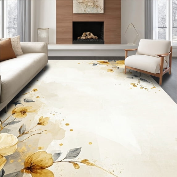 ODIKA 4'x6' Machine Washable Non-Slip Area Rug, Elegant Watercolor Floral Round with Beige and Gold Hues High Traffic Rug, Beige, 54946