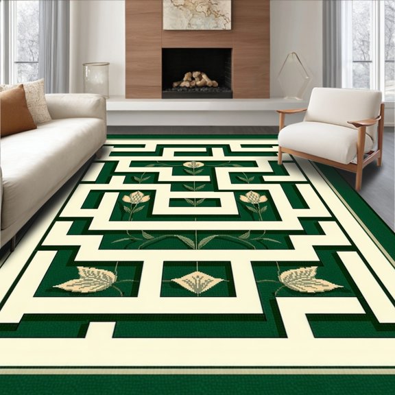 Flatwoven High Traffic Area Rug, Emerald Garden Maze Botanical Floor Covering, Non Slip, Stain Resistant, Washable Area Rugs for Living Room, Bedroom(Green, 2X3)