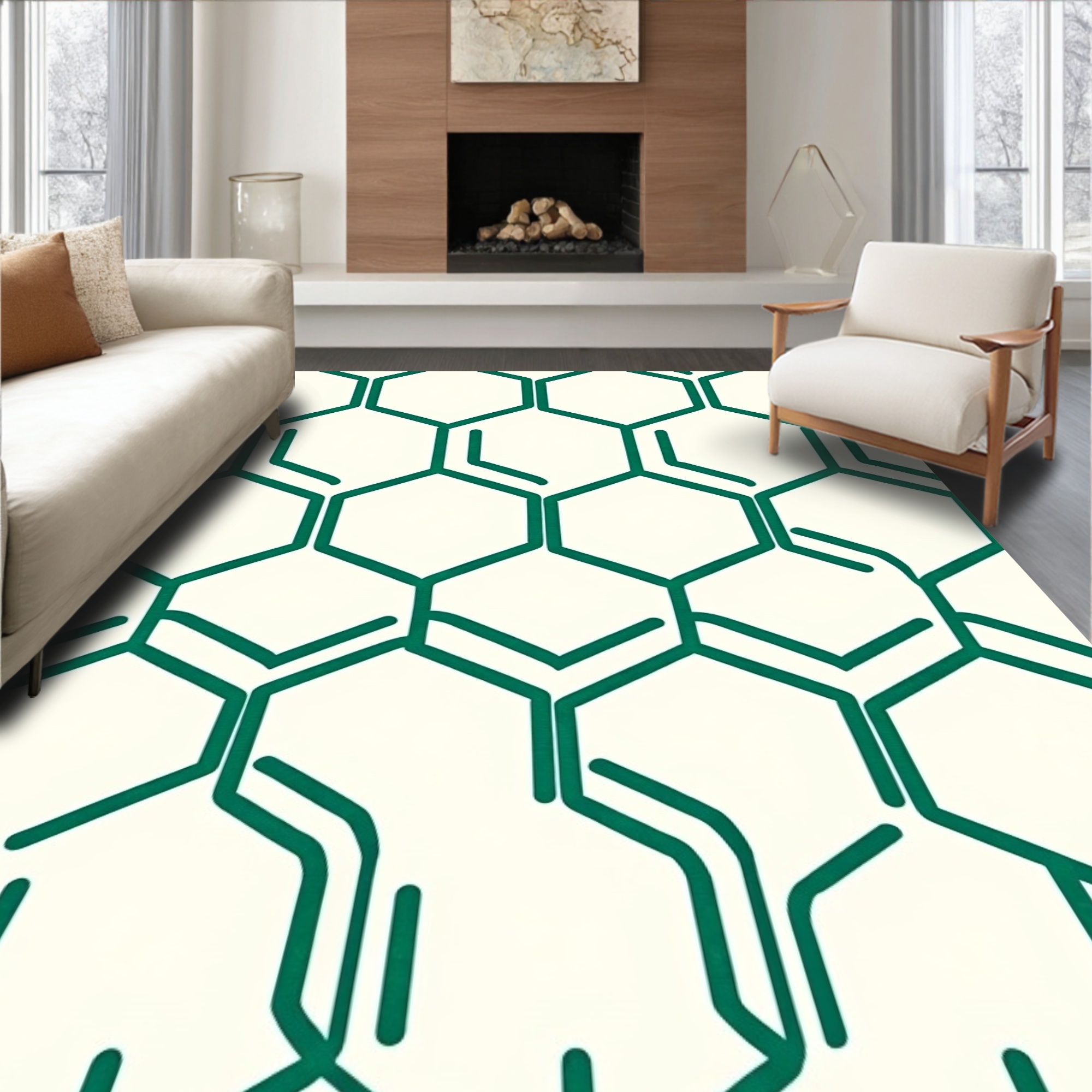 Interlocking Two Rugs Flatwoven High Traffic Area Rug, Emerald Hexagonal Honeycomb ...
