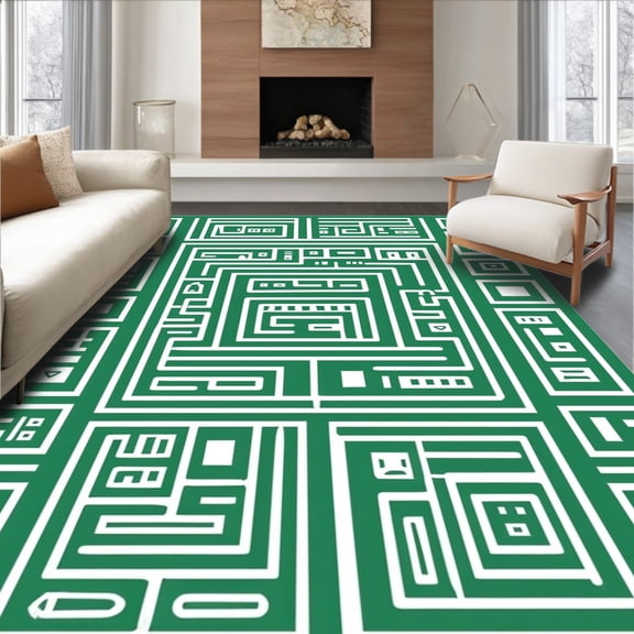ODIKA 4'x6' Machine Washable Non-Slip Area Rug, Emerald Labyrinth Maze Patterned High Traffic Rug, Green, 300717