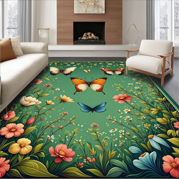 Flatwoven High Traffic Area Rug, Enchanted Butterfly Garden Low Pile, Non Slip, Stain Resistant, Washable Area Rugs for Living Room, Bedroom(Green, 8X10)