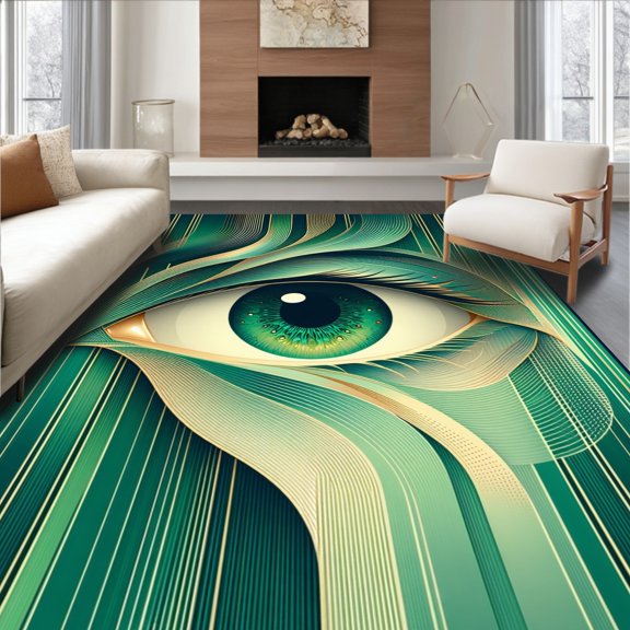 Flatwoven High Traffic Area Rug, Enchanted Eye Porch Decor Floor Mat Modern Entry Carpet, Non Slip, Stain Resistant, Washable Area Rugs for Living Room, Bedroom(Green, 2X3)