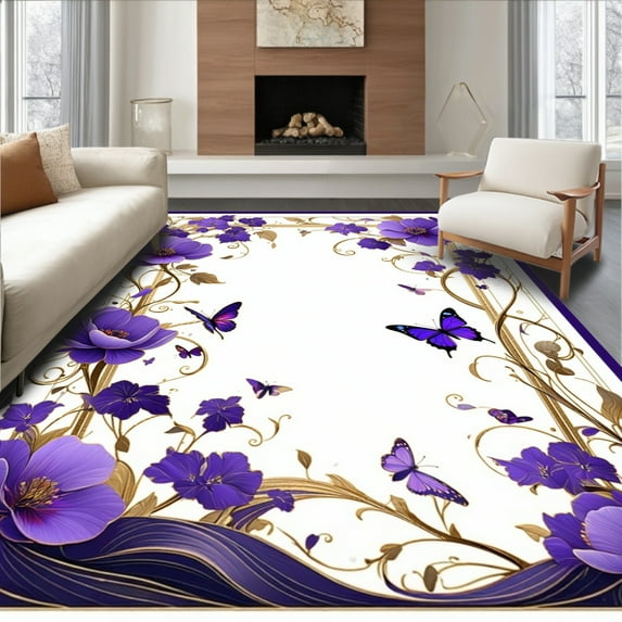 ODIKA 4'x6' Machine Washable Non-Slip Area Rug, Enchanted Floral Whimsical Garden Motif High Traffic Rug, Purple, 225043