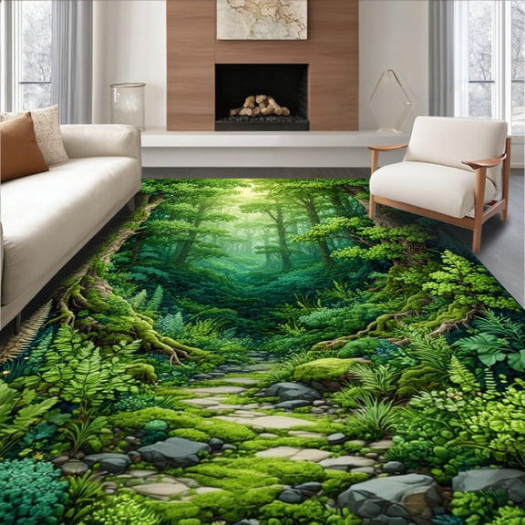 Flatwoven High Traffic Area Rug, Enchanted Forest Bath Green Moss Bathroom, Non Slip, Stain Resistant, Washable Area Rugs for Living Room, Bedroom(Green, 4X6)