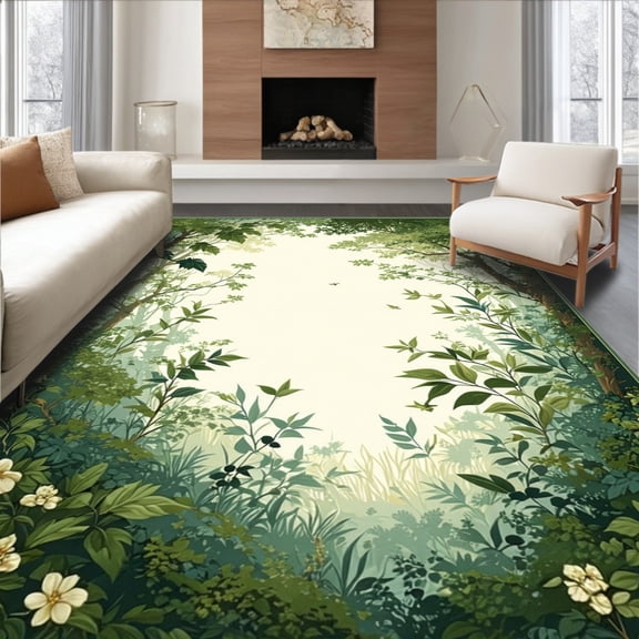 Flatwoven High Traffic Area Rug, Enchanted Forest Botanical Dark Green, Non Slip, Stain Resistant, Washable Area Rugs for Living Room, Bedroom(Green, 4X6)