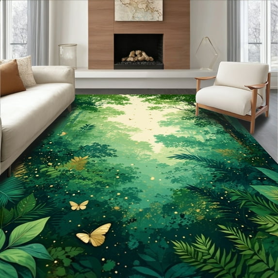 ODIKA 4'x6' Machine Washable Non-Slip Area Rug, Enchanted Forest Featuring Abstract Animal Inspired and Leaf High Traffic Rug, Green, 283786