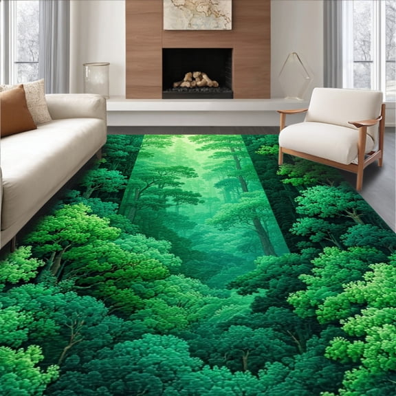 Flatwoven High Traffic Area Rug, Enchanted Forest Floor Mossy Green Plush Accent, Non Slip, Stain Resistant, Washable Area Rugs for Living Room, Bedroom(Green, 4X6)