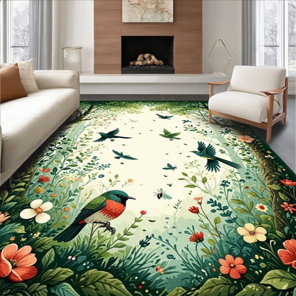 ODIKA 4'x6' Machine Washable Non-Slip Area Rug, Enchanted Forest Floral & Fauna High Traffic Rug, Green, 283775