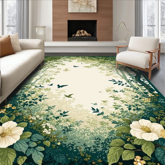 Flatwoven High Traffic Area Rug, Enchanted Forest Floral & Fauna Vintage Style, Non Slip, Stain Resistant, Washable Area Rugs for Living Room, Bedroom(Green, 4X6)