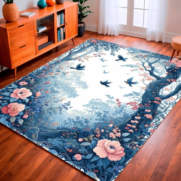 ODIKA 6'x9' Machine Washable Non-Slip Area Rug, Enchanted Forest Floral Whimsical and Blossom Design High Traffic Rug, Blue, 157008