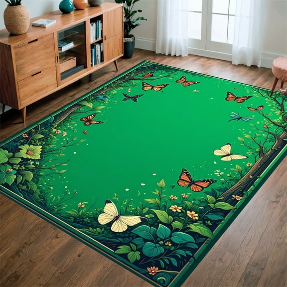 ODIKA 4'x6' Machine Washable Non-Slip Area Rug, Enchanted Forest Insect Motif High Traffic Rug, Green, 278983