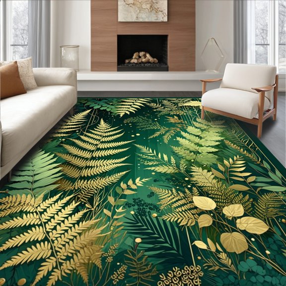 Flatwoven High Traffic Area Rug, Enchanted Forest with Layered Ferns and Abstract Natural Forms, Non Slip, Stain Resistant, Washable Area Rugs for Living Room, Bedroom(Green, 4X6)