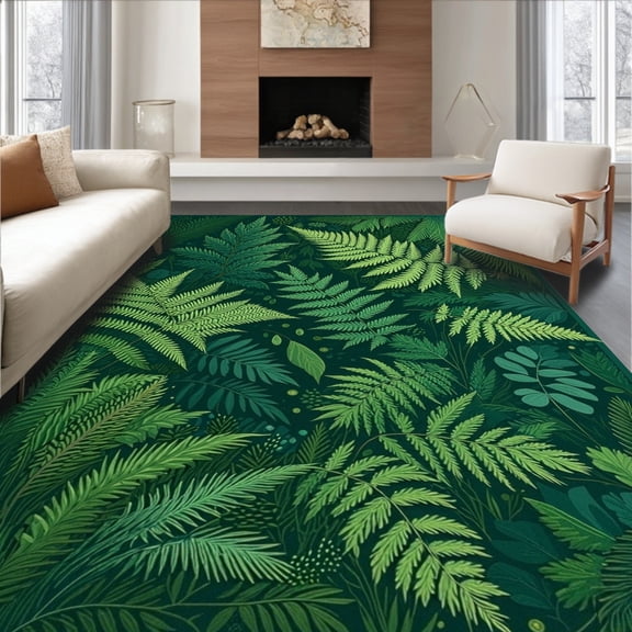 ODIKA 4'x6' Machine Washable Non-Slip Area Rug, Enchanted Forest Leaf Motif Decorative Accent High Traffic Rug, Green, 279019