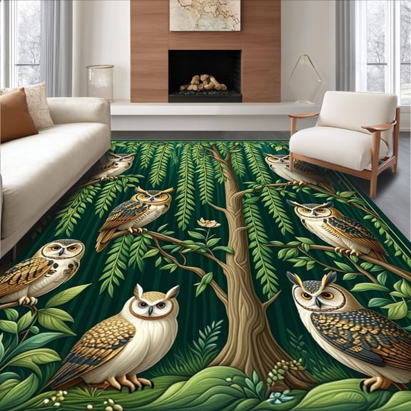 ODIKA 4'x6' Machine Washable Non-Slip Area Rug, Enchanted Forest Owl with Delicate Willow Branch Motifs High Traffic Rug, Green, 137315