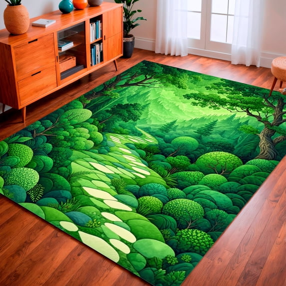 ODIKA 8'x10' Machine Washable Non-Slip Area Rug, Enchanted Forest Pathway Indoor Contemporary Accent for Spaces High Traffic Rug, Green, 149005