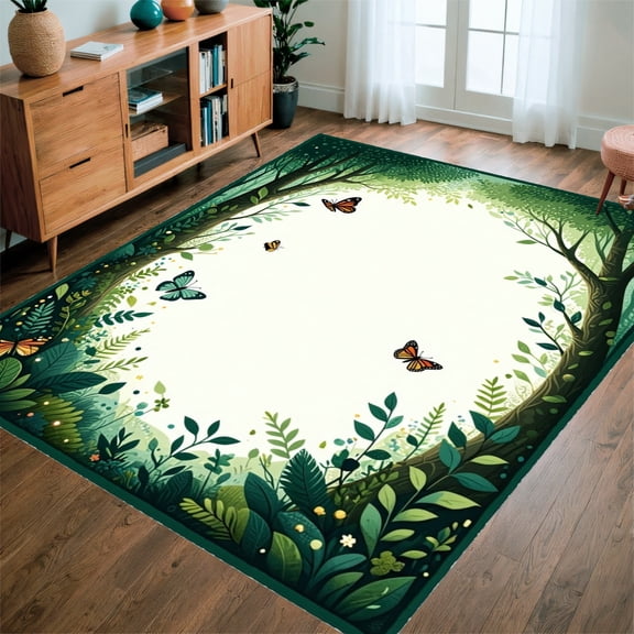 ODIKA 4'x6' Machine Washable Non-Slip Area Rug, Enchanted Forest Round High Traffic Rug, Green, 277673