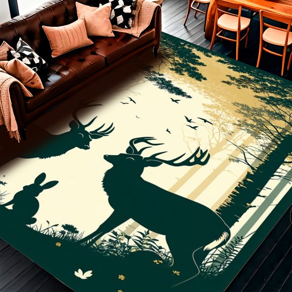 Flatwoven High Traffic Area Rug, Enchanted Forest Tapestry Rug Woodland Animal Silhouette Print, Non Slip, Stain Resistant, Washable Area Rugs for Living Room, Bedroom(Brown, 4X6)