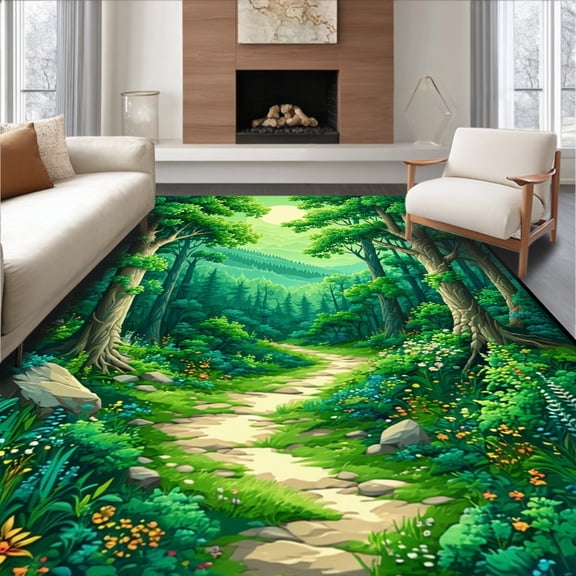 ODIKA 4'x6' Machine Washable Non-Slip Area Rug, Enchanted Forest Trail Design Whimsical Woodland High Traffic Rug, Green, 196999