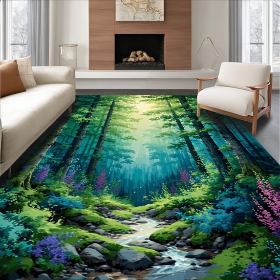 ODIKA 4'x6' Machine Washable Non-Slip Area Rug, Enchanted Forest Whimsical Woodland Scene High Traffic Rug, Green, 95453