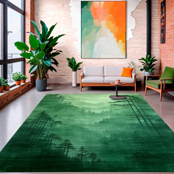 ODIKA 4'x6' Machine Washable Non-Slip Area Rug, Enchanted Forest Whisper for High Traffic Rug, Green, 133882