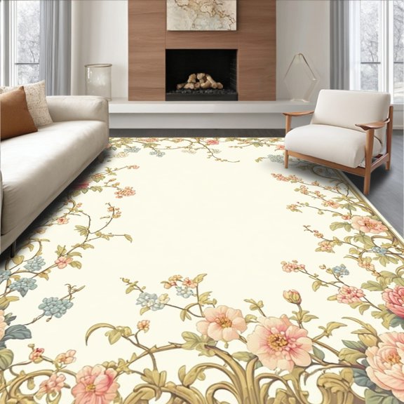 Flatwoven High Traffic Area Rug, Enchanted Garden Blooms Decorative Entrance Mat, Non Slip, Stain Resistant, Washable Area Rugs for Living Room, Bedroom(Ivory, 4X6)