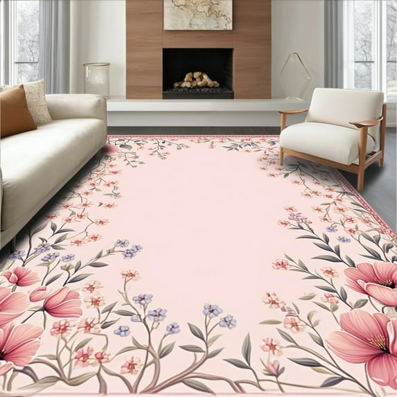 Flatwoven High Traffic Area Rug, Enchanted Garden Border Artisan Handwoven Collection, Non Slip, Stain Resistant, Washable Area Rugs for Living Room, Bedroom(Pink, 4X6)