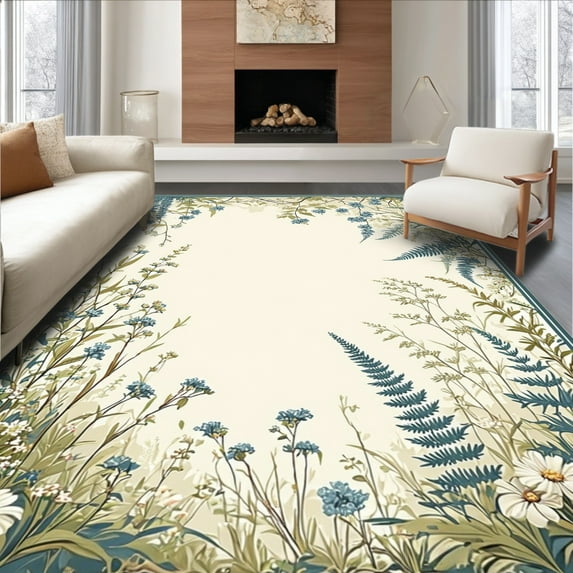 ODIKA 2'x3' Machine Washable Non-Slip Area Rug, Enchanted Garden Botanical Illustration Decorative High Traffic Rug, Ivory, 164891