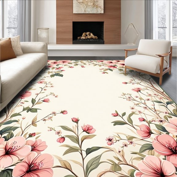 Flatwoven High Traffic Area Rug, Enchanted Garden Botanical Runner With Edges For Entryway, Non Slip, Stain Resistant, Washable Area Rugs for Living Room, Bedroom(Pink, 2X3)
