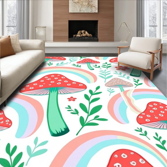 ODIKA 4'x6' Machine Washable Non-Slip Area Rug, Enchanted Garden Featuring Whimsical Mushroom Meadow Motif High Traffic Rug, Red, 499111