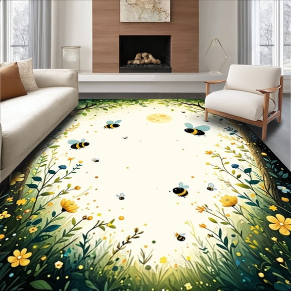 ODIKA 8'x10' Machine Washable Non-Slip Area Rug, Enchanted Garden With Firefly Cricket Bumblebee Artwork High Traffic Rug, Green, 279555