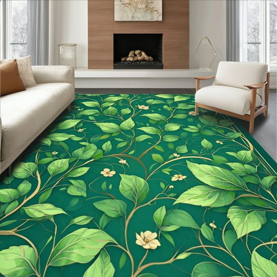 ODIKA 2'x3' Machine Washable Non-Slip Area Rug, Enchanted Garden Foliage With Delicate Vine Tracery High Traffic Rug, Green, 200885
