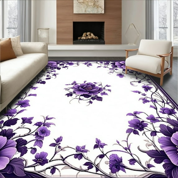 ODIKA 3'x5' Machine Washable Non-Slip Area Rug, Enchanted Garden Octagon High Traffic Rug, Purple, 256153