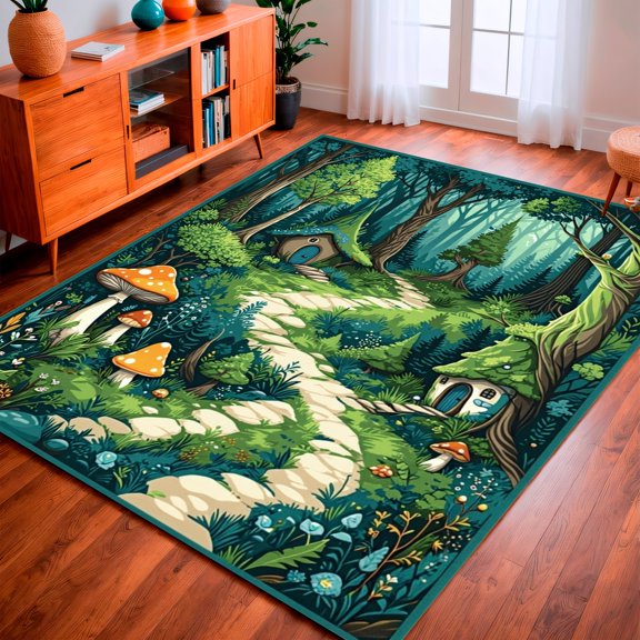 Flatwoven High Traffic Area Rug, Enchanted Journey Whimsical Woodland Storybook Illustration, Non Slip, Stain Resistant, Washable Area Rugs for Living Room, Bedroom(Green, 2X3)