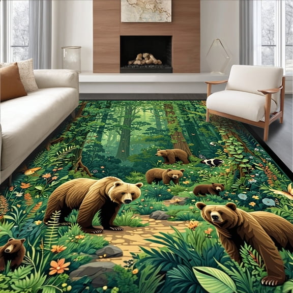 ODIKA 4'x6' Machine Washable Non-Slip Area Rug, Enchanted Jungle Bear with Retro Botanical Animal Artwork High Traffic Rug, Brown, 70807