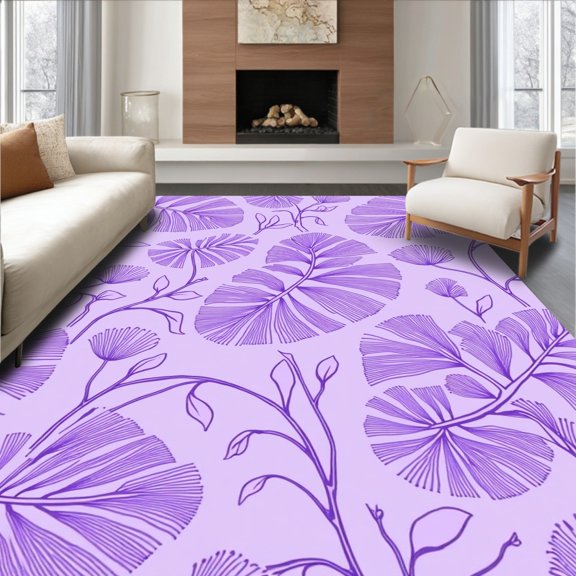 ODIKA 4'x6' Machine Washable Non-Slip Area Rug, Enchanted Jungle Floral Decorative Accent High Traffic Rug, Purple, 299891
