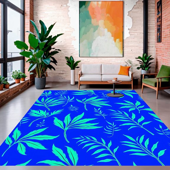 ODIKA 4'x6' Machine Washable Non-Slip Area Rug, Enchanted Jungle Foliage Decorative High Traffic Rug, Blue, 318856