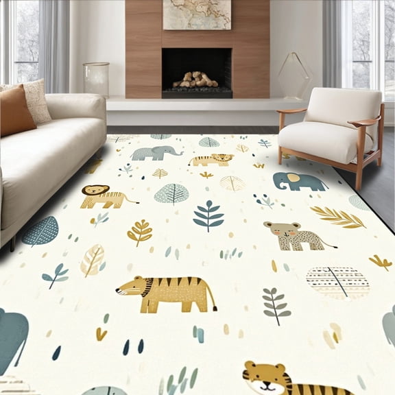 ODIKA 4'x6' Machine Washable Non-Slip Area Rug, Enchanted Jungle Friends for with Ivory Design High Traffic Rug, Beige, 86767
