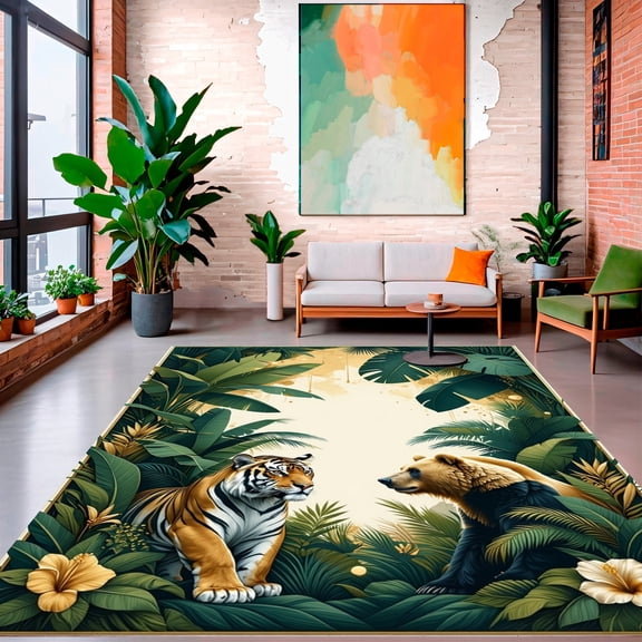 ODIKA 4'x6' Machine Washable Non-Slip Area Rug, Enchanted Jungle Gathering with Wildlife and Exotic Botanical Motifs High Traffic Rug, Green, 149508