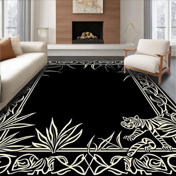 ODIKA 4'x6' Machine Washable Non-Slip Area Rug, Enchanted Jungle Safari With Exotic Wildlife High Traffic Rug, Black, 316995