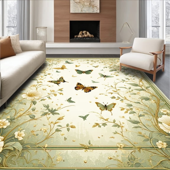 Flatwoven High Traffic Area Rug, Enchanted Meadow Green with Insect Motifs, Non Slip, Stain Resistant, Washable Area Rugs for Living Room, Bedroom(Beige, 3X5)