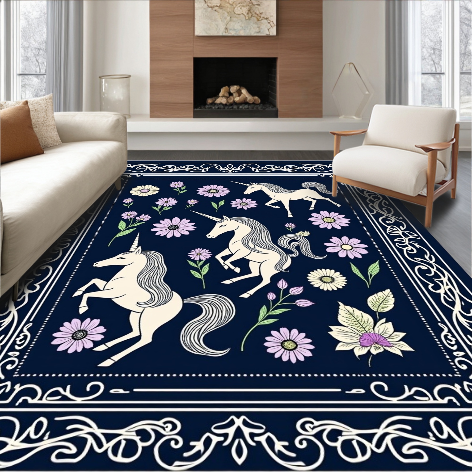 Enchanted Rug Texture ODIKA 6' Machine Washable Non-Slip Area Rug, Enchanted Meadow Heritage ...