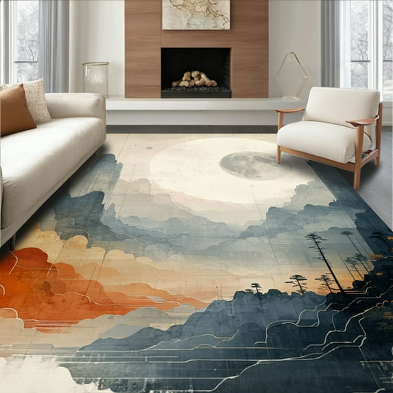 ODIKA 5'x7' Machine Washable Non-Slip Area Rug, Enchanted Moonscape Gradient Celestial High Traffic Rug, Beige, 39595